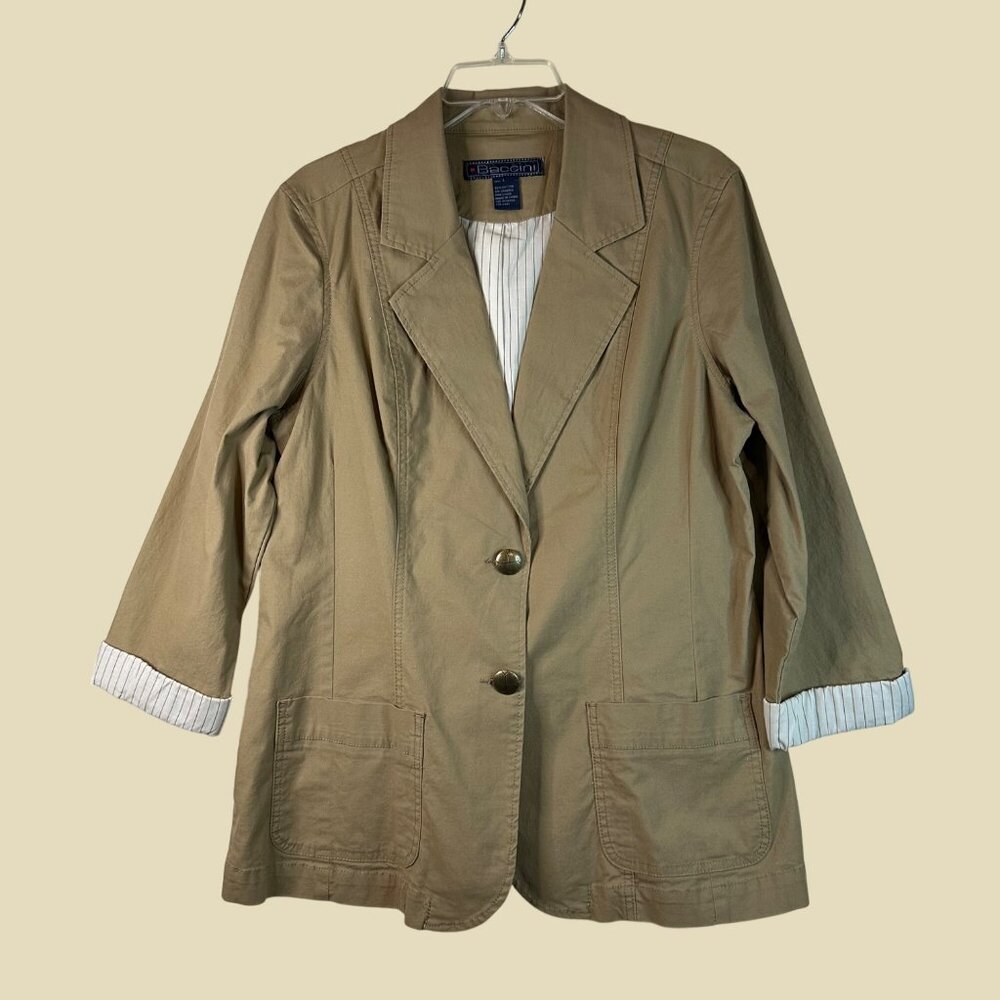 Baccini Size L Khaki Blazer Jacket Pockets Gorpcore Clean Simple Pinstripe NWOT